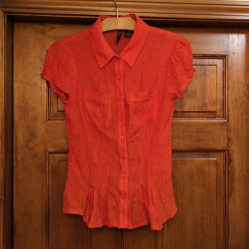 New Directions Petite Medium Orange sheer button-up top